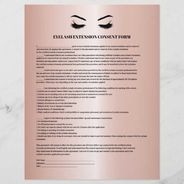 Glamourous rose Gold EYELASH EXTENSION CONSENT FOR Flyer (Front)