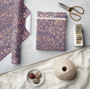 Glamourous Rose Gold Foil and Lavender Damask Wrapping Paper
