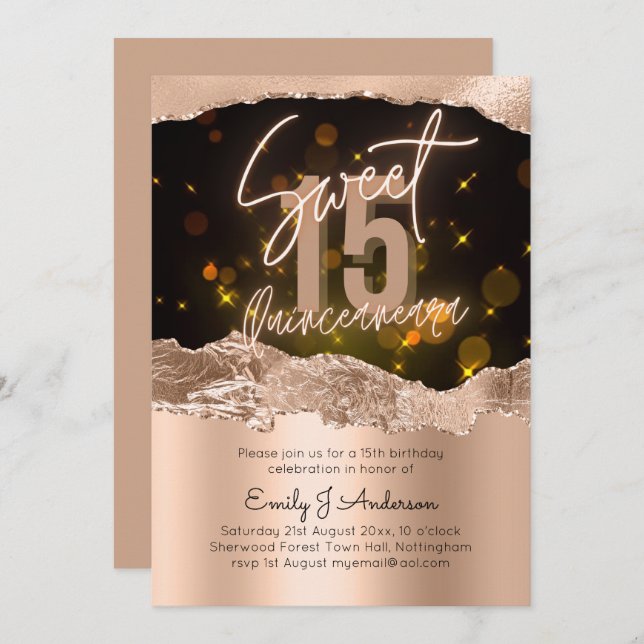 Glamourous Rose Gold Foil Glitter Quinceanera 15th Invitation (Front/Back)