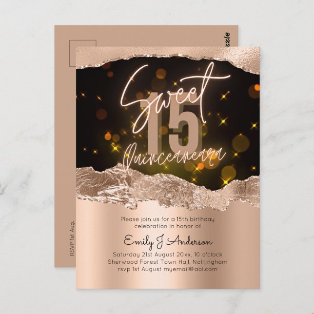 Glamourous Rose Gold Foil Glitter Quinceanera 15th Postcard (Front/Back)
