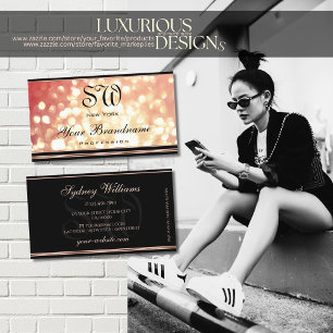 Glamourous Rose Gold Glitter Black Monogram Elegan Business Card
