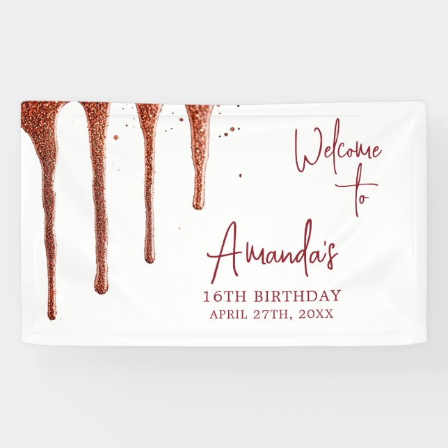 Glamourous Rose Gold Glitter Drip Sweet 16 Birthda Banner (Horizontal)