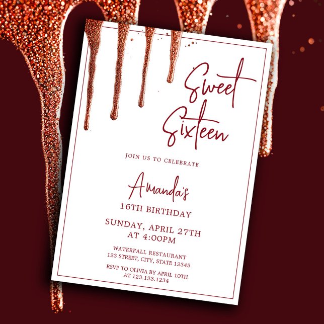 Glamourous Rose Gold Glitter Drip Sweet 16 Birthda Invitation (Creator Uploaded)