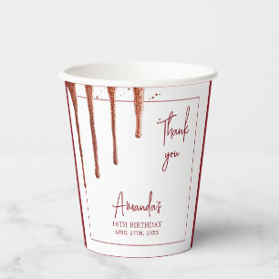 Glamourous Rose Gold Glitter Drip Sweet 16 Birthda Paper Cups
