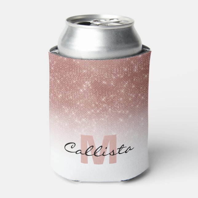 Glamourous Rose Gold Glitter Sequin Ombre Monogram Can Cooler (Can Front)