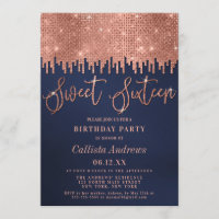 Glamourous Rose Gold Navy Glitter Pixels Sweet 16