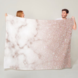 Glamourous Rose Gold White Glitter Marble Gradient Fleece Blanket