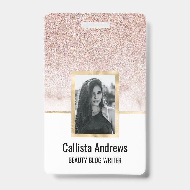 Glamourous Rose Gold White Glitter Marble Gradient ID Badge (Front)