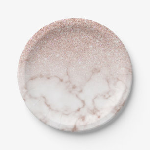 Glamourous Rose Gold White Glitter Marble Gradient Paper Plate