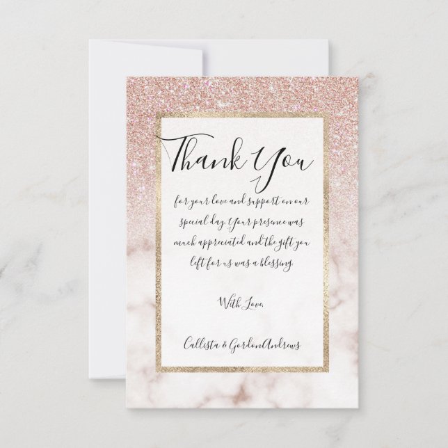 Glamourous Rose Gold White Glitter Marble Gradient Thank You Card (Front)