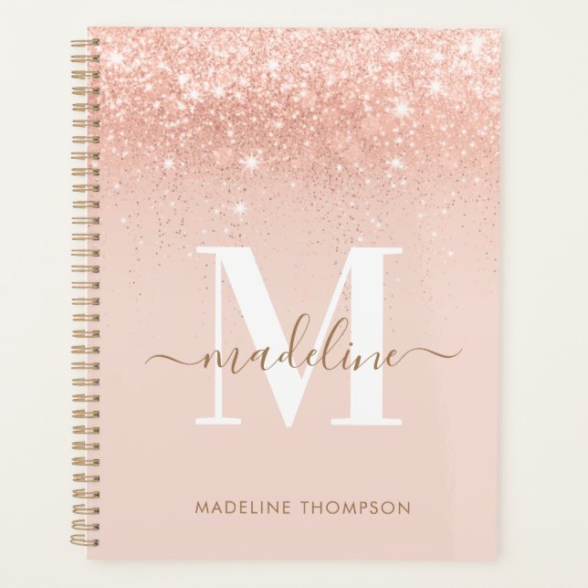 Glamourous Rosegold Glitter Elegant Script Monogra Planner (Front)