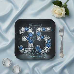 Glamourous Sapphire Diamond 35th Birthday Paper Plate