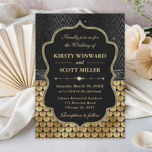 Glamourous Scallop Black Gold Art Deco Wedding Invitation