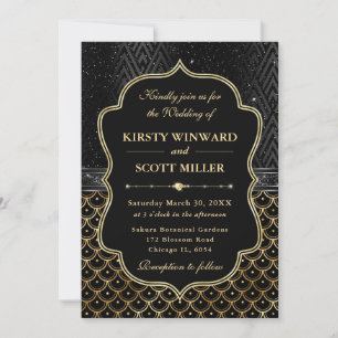 Glamourous Scallop Black Gold Art Deco Wedding Invitation