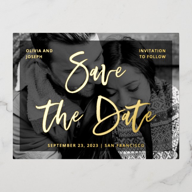 Glamourous Script | Overlay and Photo Save the Dat Foil Invitation Postcard (Front)