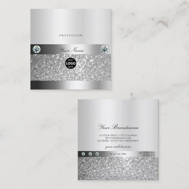 Glamourous Shimmery Silver Sparkle Glitter and Log Square Business Card (Front/Back)