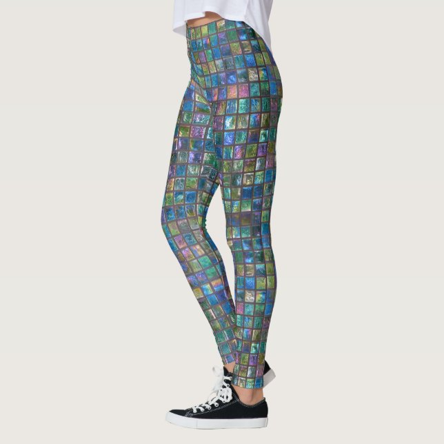 Glamourous Shiny Aqua Tiles Leggings (Left)