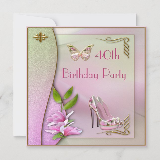 Glamourous Shoes Magnolia & Butterfly 40th Birthda Invitation (Front)