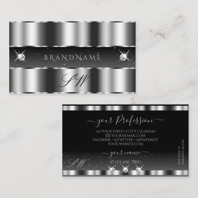 Glamourous Silver Black Sparkling Diamonds Initial Business Card (Front/Back)
