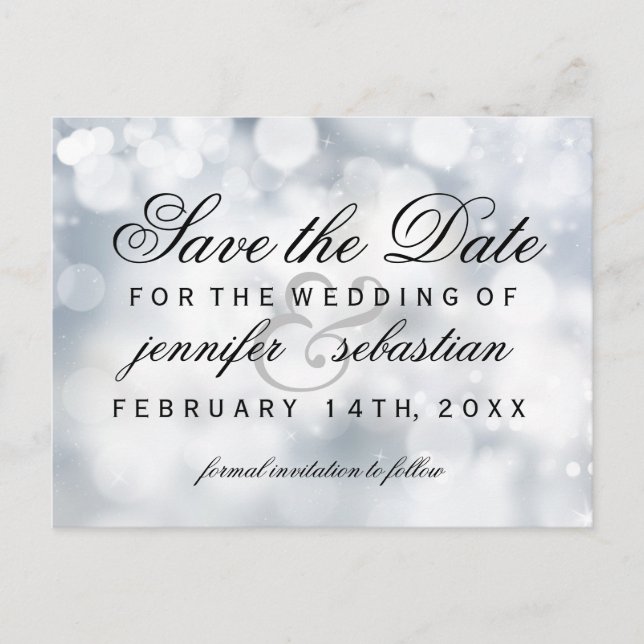 Glamourous Silver Bokeh Light  Wedding Postcard (Front)