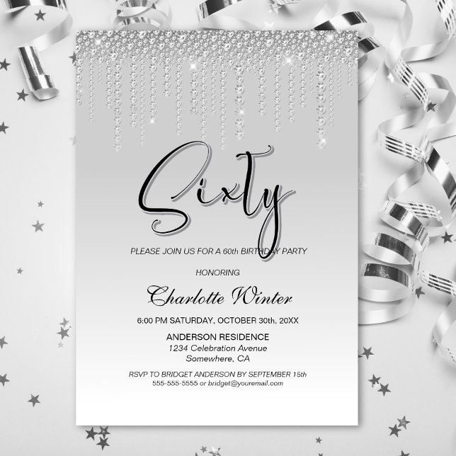 Glamourous Silver Diamonds 60th Birthday Party Invitation (Creator Uploaded)