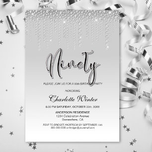Glamourous Silver Diamonds 90th Birthday Party Invitation