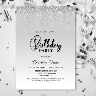 Glamourous Silver Diamonds Birthday Party Invitation