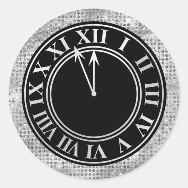 Glamourous Silver Diamonds New Year's Clock Classic Round Sticker (Front)