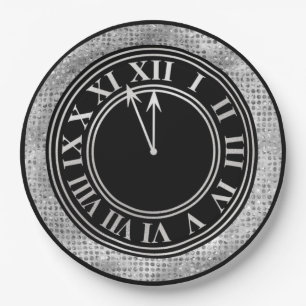 Glamourous Silver Diamonds New Year's Clock Paper Plate