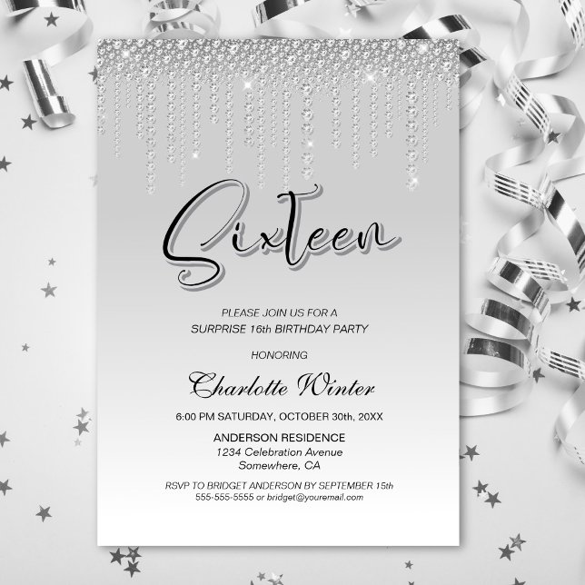 Glamourous Silver Diamonds Surprise 16th Birthday Invitation (Creator Uploaded)