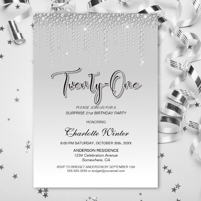 Glamourous Silver Diamonds Surprise 21st Birthday Invitation (Creator Uploaded)
