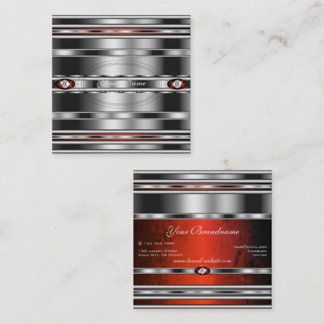 Glamourous Silver Effect Red Marble with Diamonds  Square Business Card (Front/Back)
