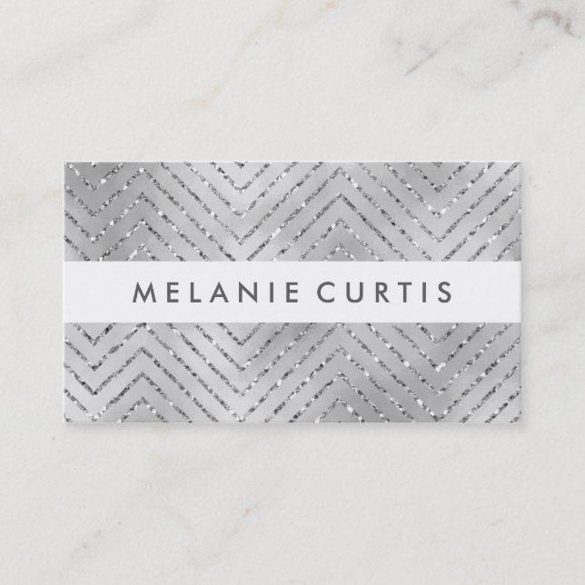 Glamourous Silver Glitter Chevron Business Card (Front)