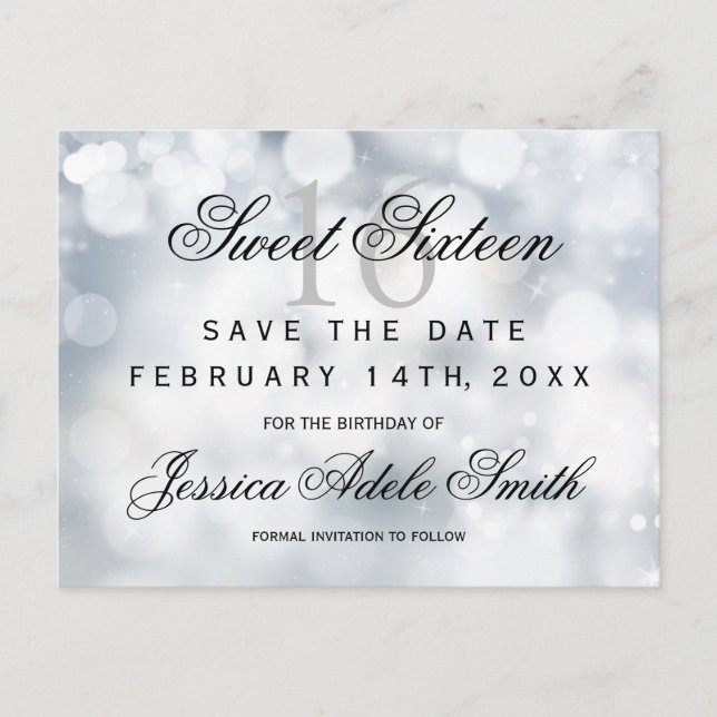 Glamourous Silver Glitter  Sweet 16 save the date Postcard (Front)