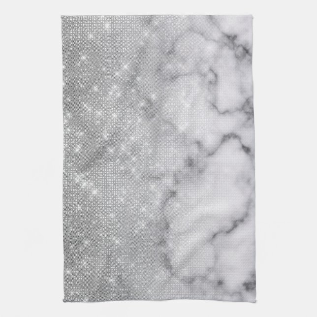 Glamourous Silver Glitter White Marble Ombre Tea Towel (Vertical)
