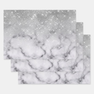 Glamourous Silver Glitter White Marble Ombre Wrapping Paper Sheet
