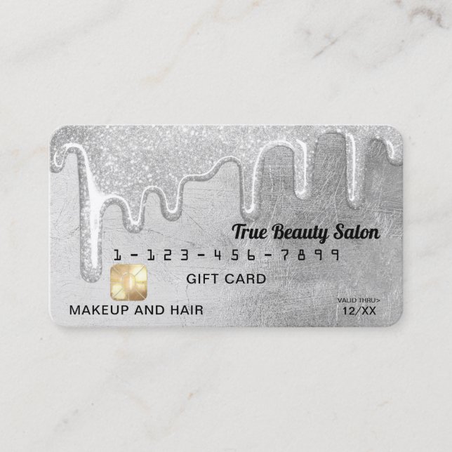 Glamourous Silver Thick Glitter Drips Gift Credit Business Card (Front)