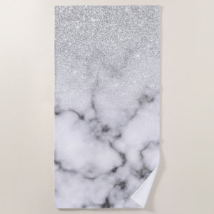 Glamourous Silver White Glitter Marble Gradient Beach Towel
