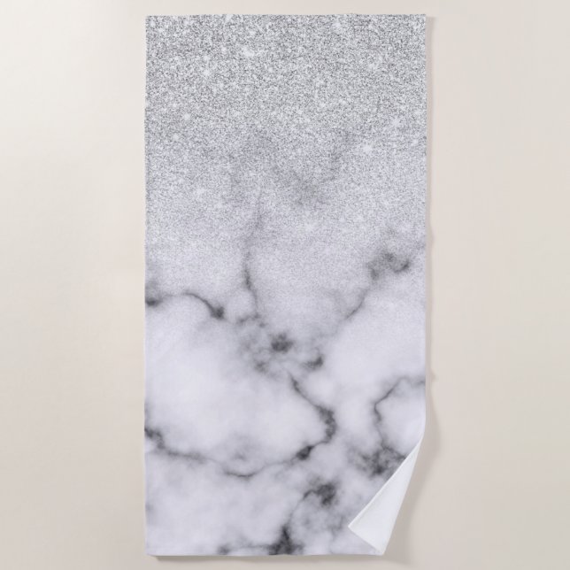 Glamourous Silver White Glitter Marble Gradient Beach Towel (Front)