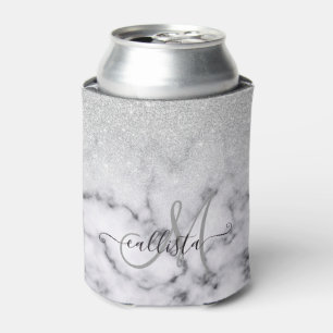 Glamourous Silver White Glitter Marble Gradient Can Cooler