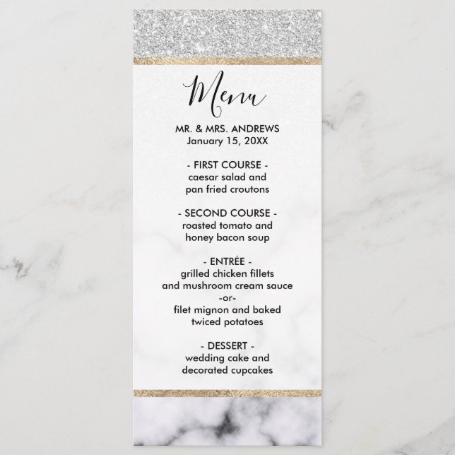 Glamourous Silver White Glitter Marble Gradient Menu (Front)