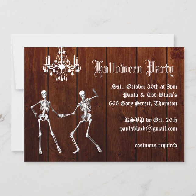 Glamourous Skeletons on Wood Halloween Invitation (Front)
