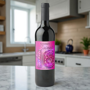 Glamourous Sparkling Hot Pink Gemstone Sweet 16 Wine Label