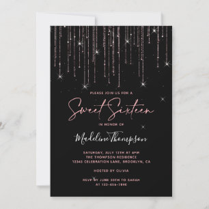 Glamourous Sparkling Rose Gold Black Sweet Sixteen Invitation