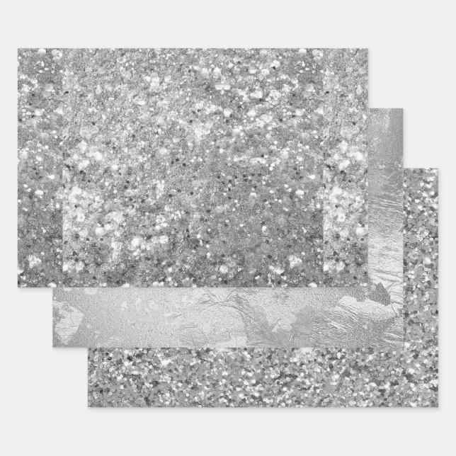 Glamourous Sparkling Silver Glitter & Foil Pattern Wrapping Paper Sheet (Set)
