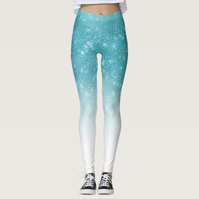 Glamourous Sparkly Aqua Blue Glitter Sequin Ombre Leggings (Front)