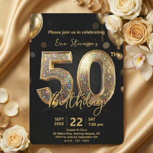Glamourous Sparkly Black and Gold 50th Birthday Invitation