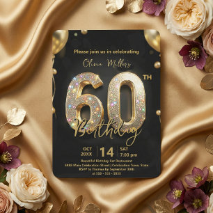Glamourous Sparkly Black and Gold 60th Birthday Invitation
