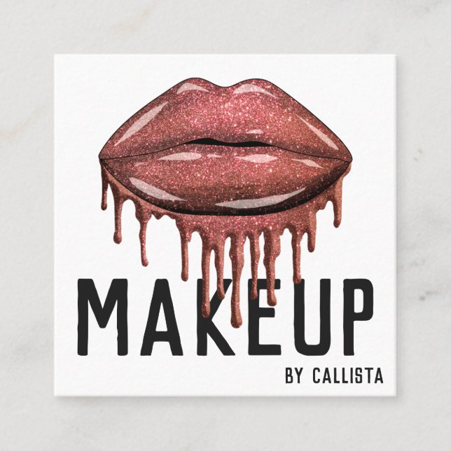 Glamourous Sparkly Rose Glitter Drips Lips Makeup Square Business Card (Front)