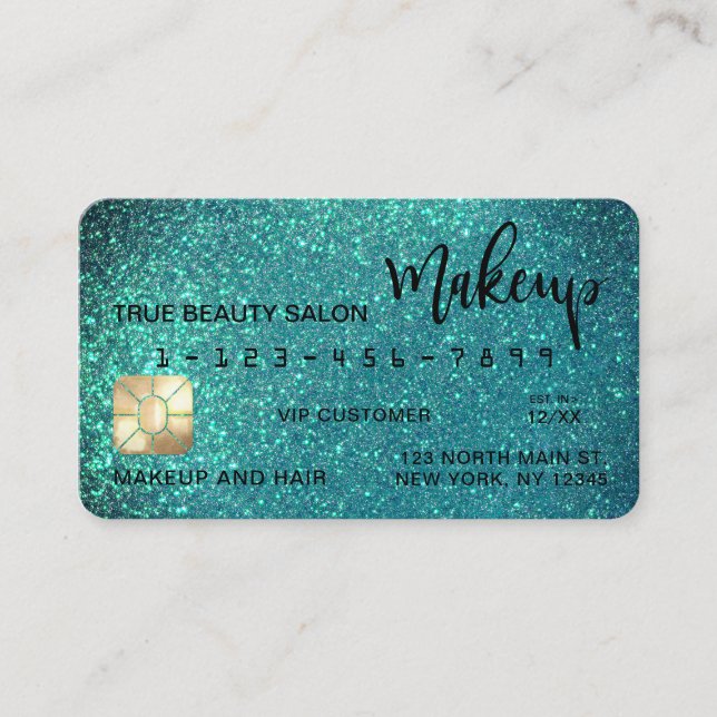 Glamourous Sparkly Teal Glitter Credit Card Makeup (Front)